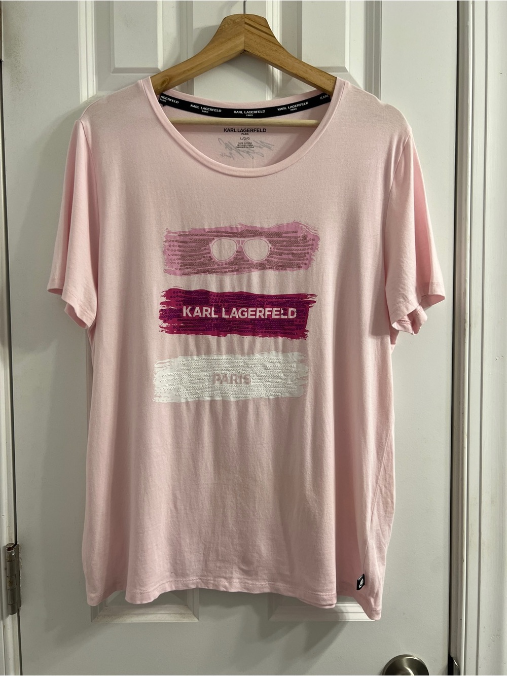 Karl Lagerfeld Paris Light Pink Sequin Graphic Tee-Size Large